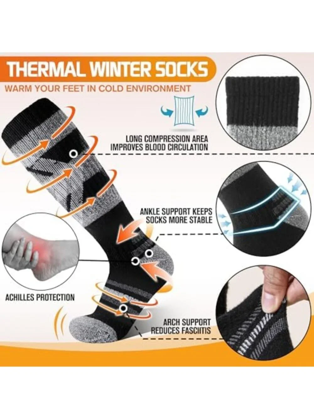 3 Pairs Thermal Merino Wool Ski Socks - Warm Thick Knee High for Winter Sports